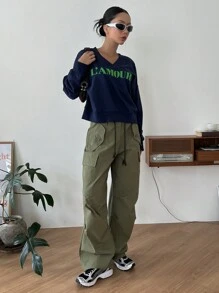 DAZY Letter Graphic Drop Shoulder Sweatshirt - Navy Blue - View 6