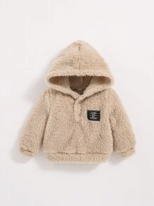 SHEIN 男童字母拼接细节半扣泰迪熊卫衣 - 卡其色 - 查看 1