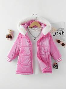 SHEIN Casaco acolchoado com capuz e acabamento felpudo para meninas sem suéter