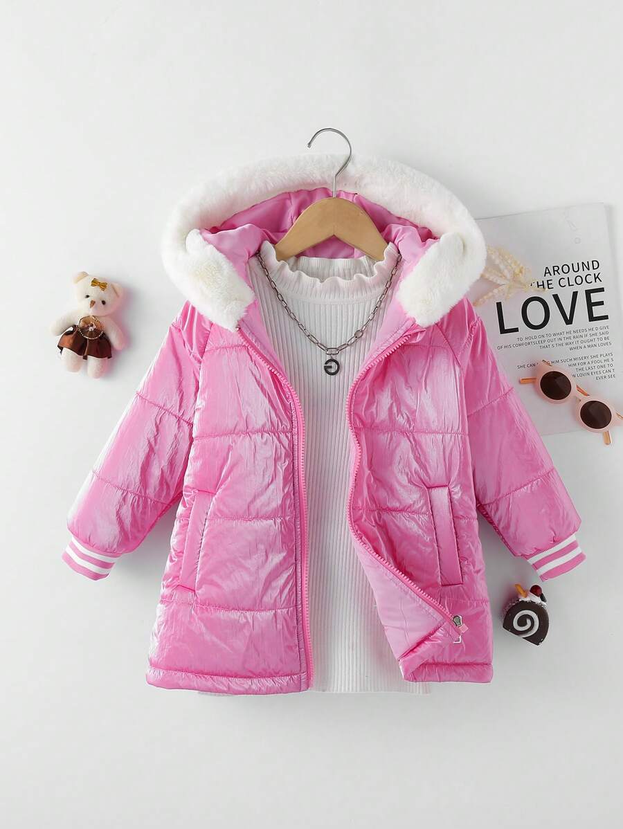 SHEIN Casaco acolchoado com capuz e acabamento felpudo para meninas sem suéter