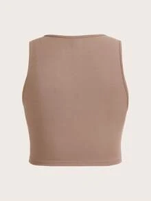 Flirla Plus Two Tone Cut Out Tank Top Graphic Tees Women Tops - Khaki - View 2