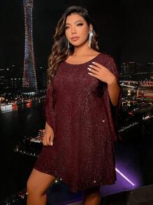 Plus Trumpet Sleeve Glitter Dress - Burgundy - View 3