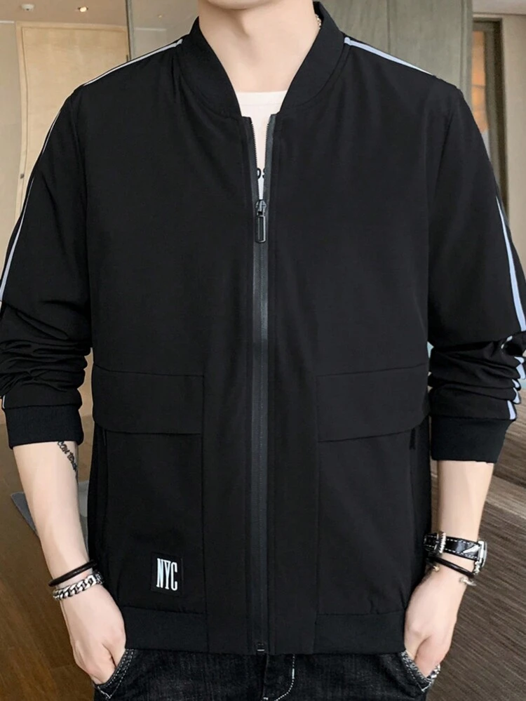 Loose Men's Bomber Jacket With Letter Patched Detail, Contrast Tape And Raglan Sleeves