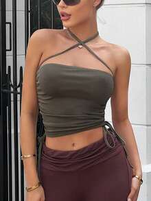 SHEIN ICON 交叉側抽繩繞頸短上衣 - 軍綠色 - 查看 3