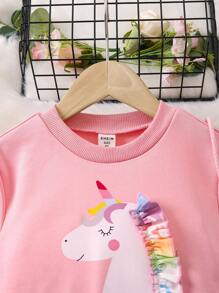 SHEIN 女小童獨角獸印花邊緣拼接衛衣洋裝 - 粉色 - 查看 6