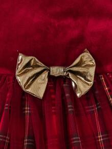 SHEIN Girls Baby Tartan Print Bow Front Mesh Overlay Dress - Red - View 3