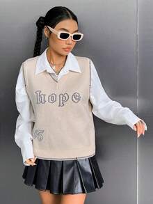 SHEIN EZwear 字母圖案毛衣背心不帶襯衫 - 米色 - 查看 3