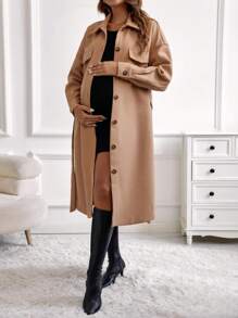 SHEIN Maternity Flap Detail Drop Shoulder Belted Coat - Brown - View 3