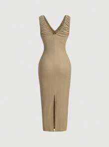 SHEIN MOD 素色前繫帶褶邊洋裝 - 杏色 - 查看 2