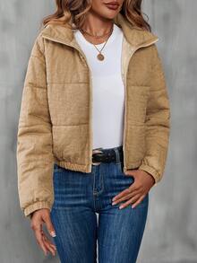 SHEIN LUNE 拉链落肩加垫棉服外套冬季 - 卡其色 - 查看 6