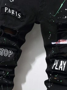 Manfinity LEGND Men Cotton Splash Ink And Letter Graphic Ripped Jeans Frayed Jeans Letter Slim Fit Long Black Cargo Jeans, For Husband, Boyfriend Gifts, Men Black Ripped Jeans, Patched Jeans Men, Men Graphic Jeans - Black - View 5