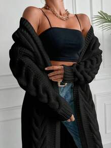 EURMUSE Cable Knit Drop Shoulder Duster Cardigan - Black - View 4
