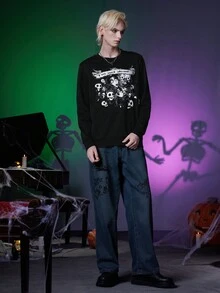 ROMWE MEN Corpse Bride | ROMWE 男士標語骷髅頭圖案運動衫 - 黑色 - 查看 3