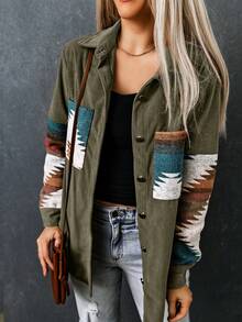 CILKOO Geo Print Drop Shoulder Corduroy Shirt - Army Green - View 3