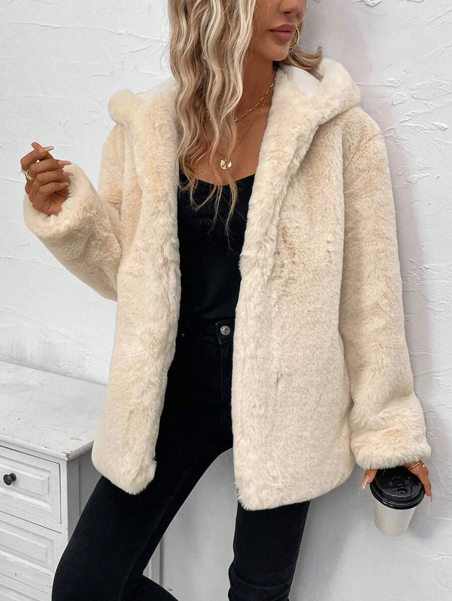 SHEIN LUNE Open Front Hooded Teddy Coat - Apricot - View 1