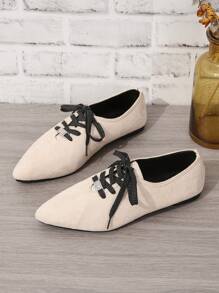 Giày đế bằng thoải mái có dây buộc mũi nhọn thời trang dành cho nữ màu be - Màu be - Xem 3