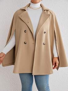 SHEIN Privé 加斗篷袖雙排扣大衣 - 駝色 - 查看 4