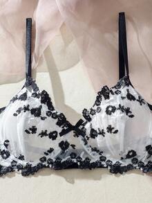 Conjunto de lencería con aro de malla bordada - Blanco y Negro - Ver 4