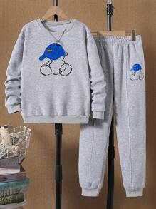 男大童卡通圖案加絨內裏衛衣和衛褲 - 灰色 - 查看 1