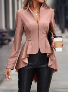 SHEIN Clasi Solid High Low Hem Hook And Eye Front Coat - Pink - View 1