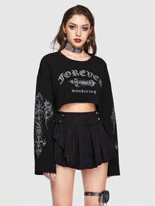 Hanes space Đồ họa Chữ cái Thả vai Áo len crop - màu đen - Xem 2