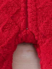 SHEIN 女嬰3D耳朵設計連帽拉鏈開襟絨毛連身褲 - 紅色 - 查看 4
