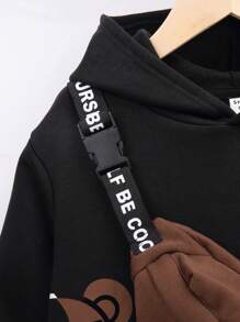 SHEIN 男童泰迪熊图案毛绒连帽卫衣，带斜插口袋和英文印花肩带斜挎包套装，抓绒面料，加厚款 - 棕色 - 查看 10