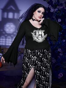 Corpse Bride | ROMWE Plus Cartoon Graphic Flounce Sleeve Tee - Black - View 5