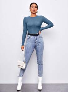SHEIN Essnce Solid Waffle Knit Tee - Blue - View 4