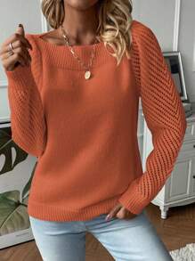 SHEIN LUNE Áo len cổ thuyền tay raglan trơn, áo len dài tay dệt kim mùa thu đông. - trái cam - Xem 5