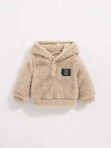 SHEIN 男童字母拼接细节半扣泰迪熊卫衣 - 卡其色 - 查看 4