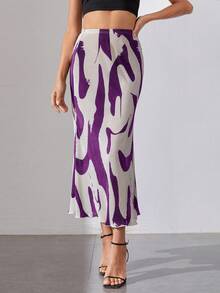 SHEIN Tall Graphic Lettuce Hem Print A-line Skirt - Purple - View 5