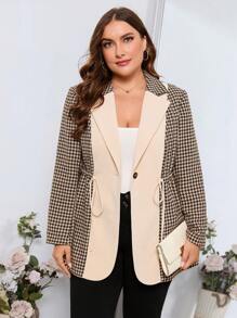 SHEIN Clasi 大碼千鳥格印花抽繩腰西裝外套 - 彩色 - 查看 4