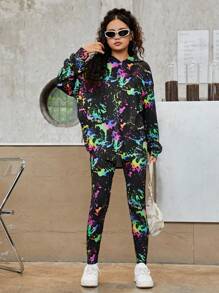 青少年女孩潑墨圖案連帽衫和緊身褲 - 彩色 - 查看 1