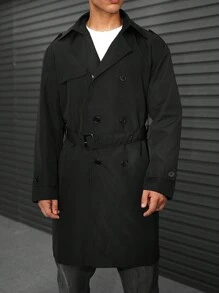 Manfinity Homme 寬鬆版型的男士雙排扣束腰風衣 - 黑色 - 查看 3