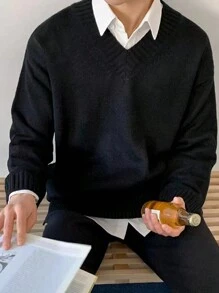 Claim Dot Men V Neck Drop Shoulder Sweater Without Shirt - Black - View 1