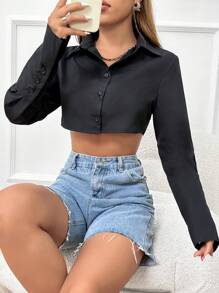 Lunelith SHEIN Lunessa Krótka koszula z jednolitymi guzikami z przodu