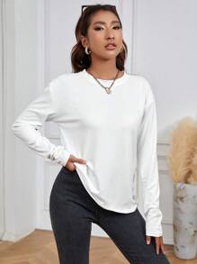 INAWLY Solid Drop Shoulder Tee Fall Cloth For Women - White - View 4