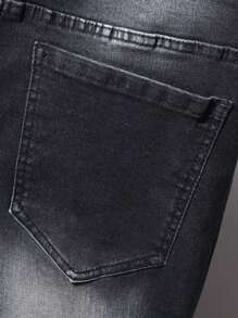 Manfinity Roghcode Pantalones vaqueros largos de corte slim, lisos, de algodón, con gráfico de letras, desgastados y deshilachados, de color gris oscuro, para hombres como regalo para esposo o novio - Negro - Ver 6