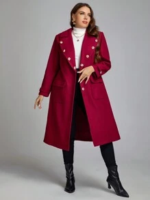 SHEIN Clasi Talla grande Abrigo de cuello con solapa con doble bolsillo con botón delantero - Burdeos - Ver 6