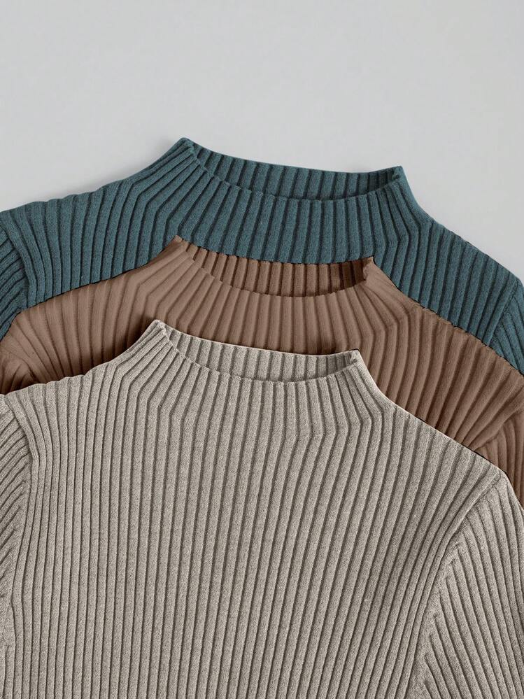 3pcs/Set Casual Versatile Solid Color Ribbed Knit Stand Collar Sweaters - Multicolor - View 4