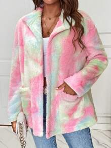 SHEIN Essnce Tie Dye Dual Pocket Drop Shoulder Teddy Coat - Multicolor - View 3