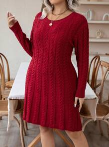 SHEIN LUNE Plus Solid Cable Knit Sweater Dress - Burgundy - View 6