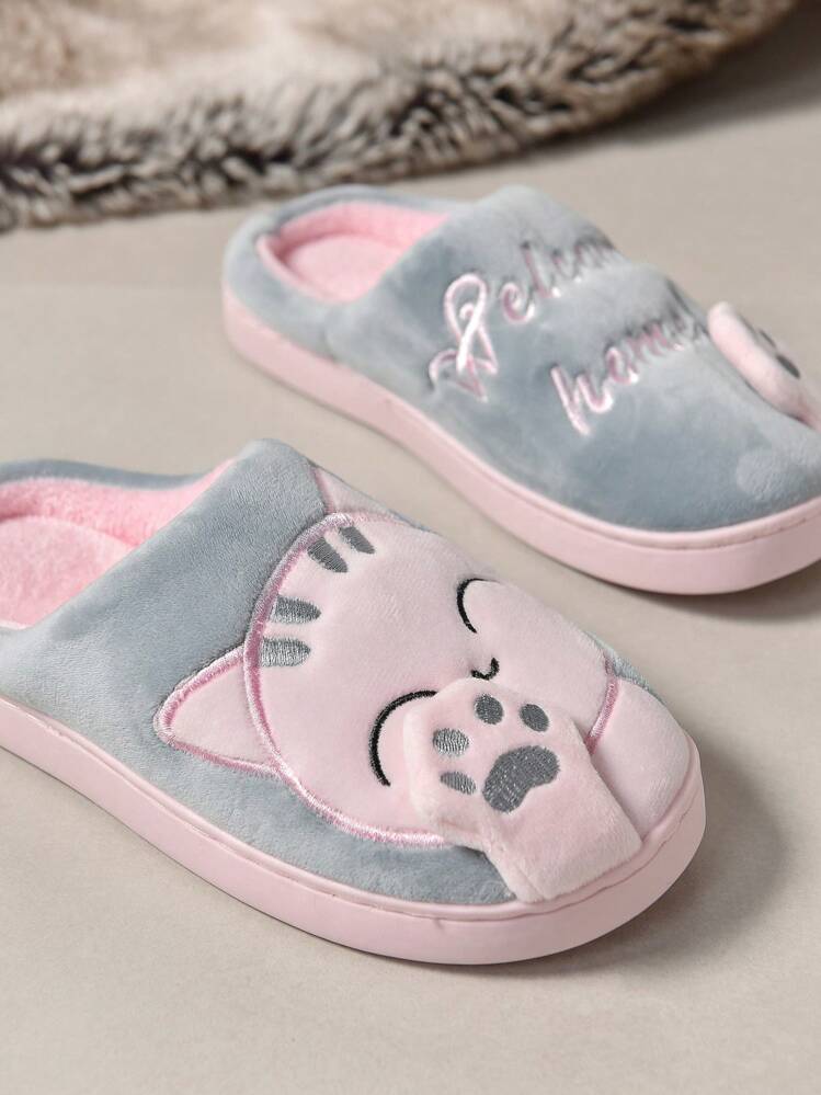 Nuevas zapatillas de casa de mujer para otoño/invierno con bordado de dibujos animados esponjosos, estilo de pareja Maneki-Neko, zapatillas de casa grises cálidas para interiores - Multicolor - Añade 7
