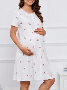 孕婦印花蕾絲邊睡裙