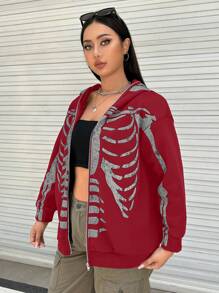 SHEIN EZwear Áo nỉ tay dài có khóa kéo in hình bộ xương, cỡ lớn, vai rớt - Đỏ - Xem 3