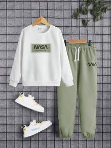 SHEIN Tween Boy Slogan Graphic Pullover & Drawstring Waist Pants - Mint Green - View 1