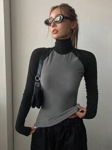 DAZY Solid High Neck Tee,Fall Clothes Long Sleeve Women Tops,Thermal Lined