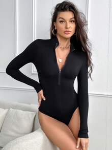 SHEIN Essnce 半拉鏈修身T恤緊身連衣褲 - 深灰色 - 查看 3