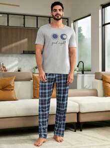 1pc Letter Graphic Sleep Tee & 1pc Plaid Sleep Pants - Multicolor - View 5